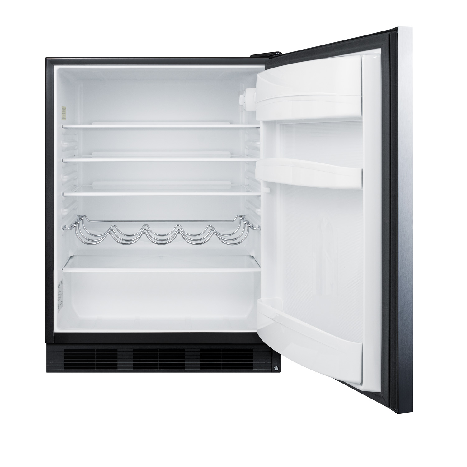 24 inch wide ADA compliant built-in undercounter all-refrigerator for residential use, auto defrost with stainless steel wrapped door, horizontally mounted handle, and black cabinet